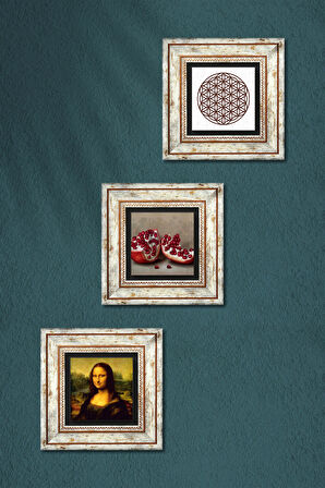 Yaşam Çiçeği, Leonardo da Vinci Mona Lisa, Nar Taş Duvar Tablosu Çerçeveli Duvar Dekoru 3 Parça Tablo Seti Wall Art