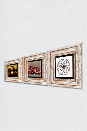 Yaşam Çiçeği, Leonardo da Vinci Mona Lisa, Nar Taş Duvar Tablosu Çerçeveli Duvar Dekoru 3 Parça Tablo Seti Wall Art