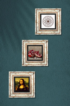 Yaşam Çiçeği, Leonardo da Vinci Mona Lisa, Nar Taş Duvar Tablosu Çerçeveli Duvar Dekoru 3 Parça Tablo Seti Wall Art