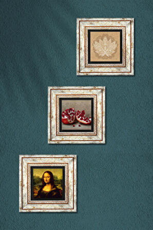 Lotus Çiçeği, Leonardo da Vinci Mona Lisa, Nar Taş Duvar Tablosu Çerçeveli Duvar Dekoru 3 Parça Tablo Seti Wall Art