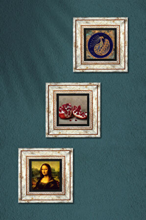 Tavus Kuşu, Leonardo da Vinci Mona Lisa, Nar Taş Duvar Tablosu Çerçeveli Duvar Dekoru 3 Parça Tablo Seti Wall Art