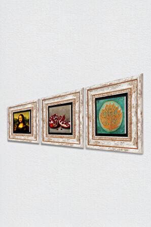Lotus Çiçeği, Leonardo da Vinci Mona Lisa, Nar Taş Duvar Tablosu Çerçeveli Duvar Dekoru 3 Parça Tablo Seti Wall Art