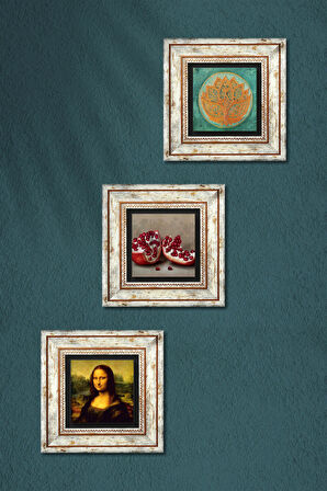 Lotus Çiçeği, Leonardo da Vinci Mona Lisa, Nar Taş Duvar Tablosu Çerçeveli Duvar Dekoru 3 Parça Tablo Seti Wall Art