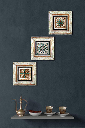 Fas Desenli Vintage, Çini Sanatı Taş Duvar Tablosu Çerçeveli Duvar Dekoru 3 Parça Tablo Seti Wall Art
