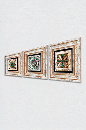 Fas Desenli Vintage, Çini Sanatı Taş Duvar Tablosu Çerçeveli Duvar Dekoru 3 Parça Tablo Seti Wall Art