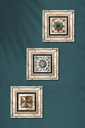 Fas Desenli Vintage, Çini Sanatı Taş Duvar Tablosu Çerçeveli Duvar Dekoru 3 Parça Tablo Seti Wall Art