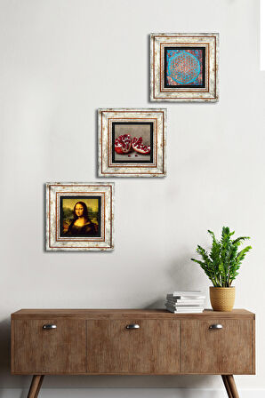 Yaşam Çiçeği, Leonardo da Vinci Mona Lisa, Nar Taş Duvar Tablosu Çerçeveli Duvar Dekoru 3 Parça Tablo Seti Wall Art