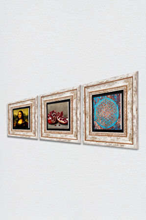 Yaşam Çiçeği, Leonardo da Vinci Mona Lisa, Nar Taş Duvar Tablosu Çerçeveli Duvar Dekoru 3 Parça Tablo Seti Wall Art