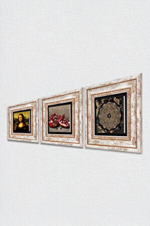 Sri Yantra, Leonardo da Vinci Mona Lisa, Nar Taş Duvar Tablosu Çerçeveli Duvar Dekoru 3 Parça Tablo Seti Wall Art