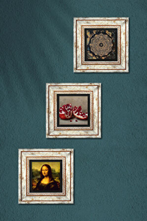Sri Yantra, Leonardo da Vinci Mona Lisa, Nar Taş Duvar Tablosu Çerçeveli Duvar Dekoru 3 Parça Tablo Seti Wall Art