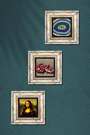 Nazar, Leonardo da Vinci Mona Lisa, Nar Taş Duvar Tablosu Çerçeveli Duvar Dekoru 3 Parça Tablo Seti Wall Art