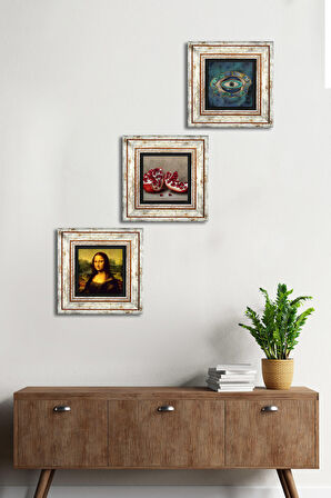 Nazar, Leonardo da Vinci Mona Lisa, Nar Taş Duvar Tablosu Çerçeveli Duvar Dekoru 3 Parça Tablo Seti Wall Art