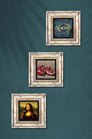Nazar, Leonardo da Vinci Mona Lisa, Nar Taş Duvar Tablosu Çerçeveli Duvar Dekoru 3 Parça Tablo Seti Wall Art