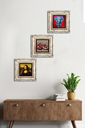 Fil, Leonardo da Vinci Mona Lisa, Nar Taş Duvar Tablosu Çerçeveli Duvar Dekoru 3 Parça Tablo Seti Wall Art