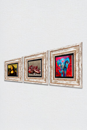 Fil, Leonardo da Vinci Mona Lisa, Nar Taş Duvar Tablosu Çerçeveli Duvar Dekoru 3 Parça Tablo Seti Wall Art