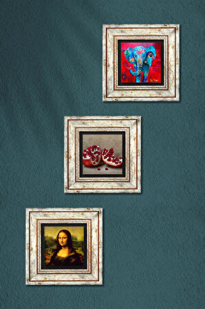 Fil, Leonardo da Vinci Mona Lisa, Nar Taş Duvar Tablosu Çerçeveli Duvar Dekoru 3 Parça Tablo Seti Wall Art