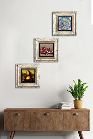 Mandala, Leonardo da Vinci Mona Lisa, Nar Taş Duvar Tablosu Çerçeveli Duvar Dekoru 3 Parça Tablo Seti Wall Art