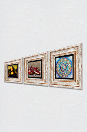 Mandala, Leonardo da Vinci Mona Lisa, Nar Taş Duvar Tablosu Çerçeveli Duvar Dekoru 3 Parça Tablo Seti Wall Art
