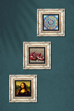 Mandala, Leonardo da Vinci Mona Lisa, Nar Taş Duvar Tablosu Çerçeveli Duvar Dekoru 3 Parça Tablo Seti Wall Art