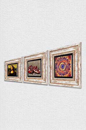 Mandala, Leonardo da Vinci Mona Lisa, Nar Taş Duvar Tablosu Çerçeveli Duvar Dekoru 3 Parça Tablo Seti Wall Art