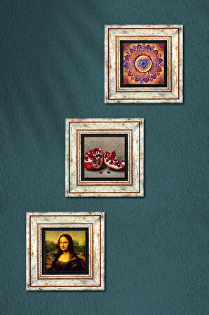 Mandala, Leonardo da Vinci Mona Lisa, Nar Taş Duvar Tablosu Çerçeveli Duvar Dekoru 3 Parça Tablo Seti Wall Art