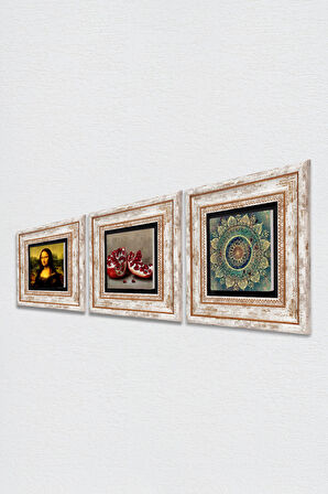 Mandala, Leonardo da Vinci Mona Lisa, Nar Taş Duvar Tablosu Çerçeveli Duvar Dekoru 3 Parça Tablo Seti Wall Art