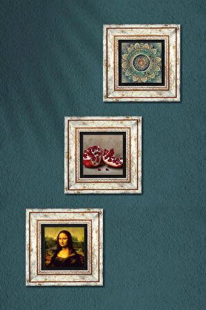Mandala, Leonardo da Vinci Mona Lisa, Nar Taş Duvar Tablosu Çerçeveli Duvar Dekoru 3 Parça Tablo Seti Wall Art