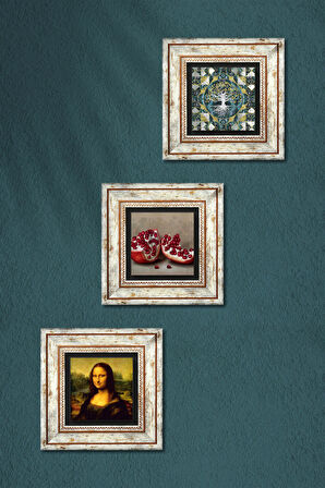 Hayat Ağacı, Leonardo da Vinci Mona Lisa, Nar Taş Duvar Tablosu Çerçeveli Duvar Dekoru 3 Parça Tablo Seti Wall Art