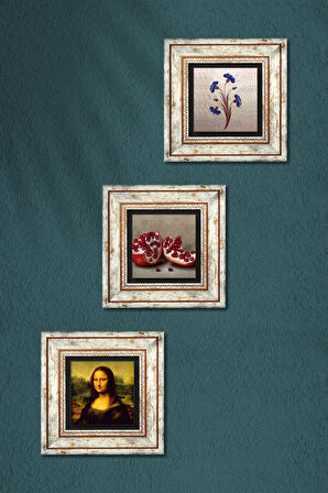 Ebru Sanatı, Leonardo da Vinci Mona Lisa, Nar Taş Duvar Tablosu Çerçeveli Duvar Dekoru 3 Parça Tablo Seti Wall Art