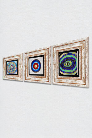 Mandala, Nazar Taş Duvar Tablosu Çerçeveli Duvar Dekoru 3 Parça Tablo Seti Wall Art