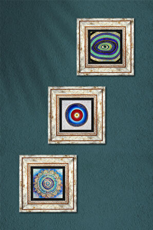 Mandala, Nazar Taş Duvar Tablosu Çerçeveli Duvar Dekoru 3 Parça Tablo Seti Wall Art