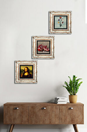 Ebru Sanatı, Leonardo da Vinci Mona Lisa, Nar Taş Duvar Tablosu Çerçeveli Duvar Dekoru 3 Parça Tablo Seti Wall Art