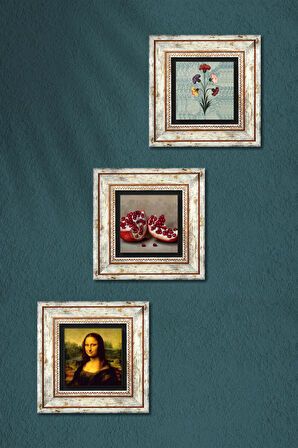 Ebru Sanatı, Leonardo da Vinci Mona Lisa, Nar Taş Duvar Tablosu Çerçeveli Duvar Dekoru 3 Parça Tablo Seti Wall Art