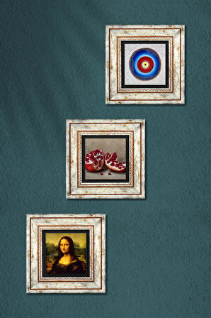 Nazar, Leonardo da Vinci Mona Lisa, Nar Taş Duvar Tablosu Çerçeveli Duvar Dekoru 3 Parça Tablo Seti Wall Art