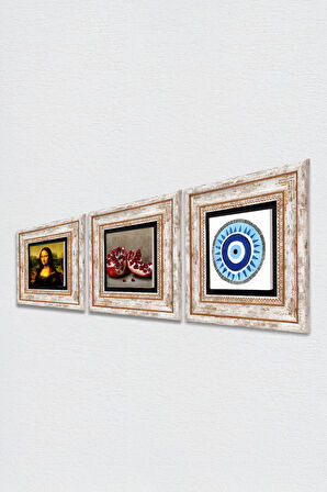 Nazar, Leonardo da Vinci Mona Lisa, Nar Taş Duvar Tablosu Çerçeveli Duvar Dekoru 3 Parça Tablo Seti Wall Art