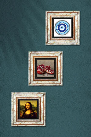 Nazar, Leonardo da Vinci Mona Lisa, Nar Taş Duvar Tablosu Çerçeveli Duvar Dekoru 3 Parça Tablo Seti Wall Art