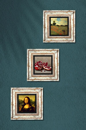 Claude Monet Gelincikler, Leonardo da Vinci Mona Lisa, Nar Taş Duvar Tablosu Çerçeveli Duvar Dekoru 3 Parça Tablo Seti Wall Art