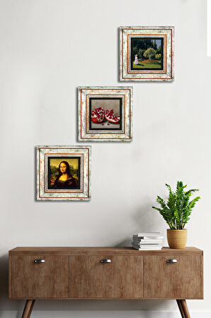 Claude Monet Bahçedeki Kadın, Da Vinci Mona Lisa, Nar Taş Duvar Tablosu Çerçeveli Duvar Dekoru 3 Parça Tablo Seti Wall Art