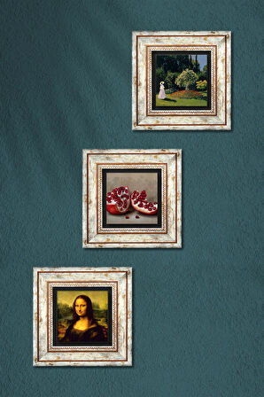 Claude Monet Bahçedeki Kadın, Da Vinci Mona Lisa, Nar Taş Duvar Tablosu Çerçeveli Duvar Dekoru 3 Parça Tablo Seti Wall Art