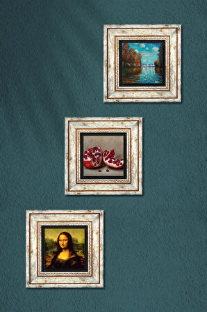 Claude Monet Sonbahar, Leonardo da Vinci Mona Lisa, Nar Taş Duvar Tablosu Çerçeveli Duvar Dekoru 3 Parça Tablo Seti Wall Art
