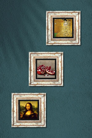 Gustav Klimt, Leonardo da Vinci Mona Lisa, Nar Taş Duvar Tablosu Çerçeveli Duvar Dekoru 3 Parça Tablo Seti Wall Art