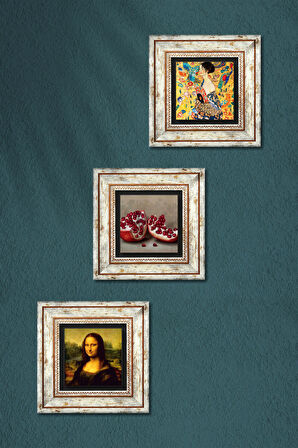 Gustav Klimt Yelpazeli Kadın, Da Vinci Mona Lisa, Nar Taş Duvar Tablosu Çerçeveli Duvar Dekoru 3 Parça Tablo Seti Wall Art