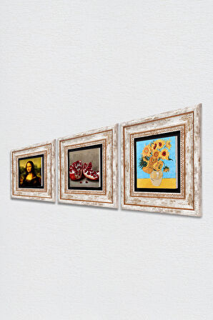Van Gogh On İki Ayçiçekli Vazo, Da Vinci Mona Lisa, Nar Taş Duvar Tablosu Çerçeveli Duvar Dekoru 3 Parça Tablo Seti Wall Art