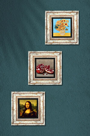 Van Gogh On İki Ayçiçekli Vazo, Da Vinci Mona Lisa, Nar Taş Duvar Tablosu Çerçeveli Duvar Dekoru 3 Parça Tablo Seti Wall Art
