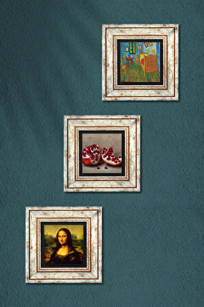 Van Gogh Yatak Odası, Leonardo da Vinci Mona Lisa, Nar Taş Duvar Tablosu Çerçeveli Duvar Dekoru 3 Parça Tablo Seti Wall Art