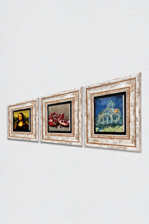 Van Gogh Kilise, Leonardo da Vinci Mona Lisa, Nar Taş Duvar Tablosu Çerçeveli Duvar Dekoru 3 Parça Tablo Seti Wall Art