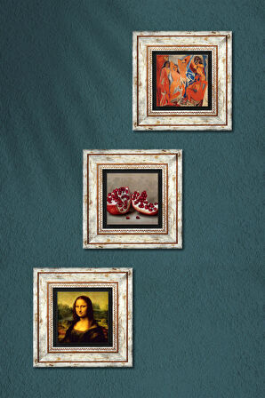 Picasso Avignonlu Kızlar, Leonardo da Vinci Mona Lisa, Nar Taş Duvar Tablosu Çerçeveli Duvar Dekoru 3 Parça Tablo Seti Wall Art