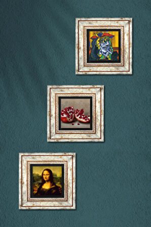 Picasso Ağlayan Kadın, Leonardo da Vinci Mona Lisa, Nar Taş Duvar Tablosu Çerçeveli Duvar Dekoru 3 Parça Tablo Seti Wall Art