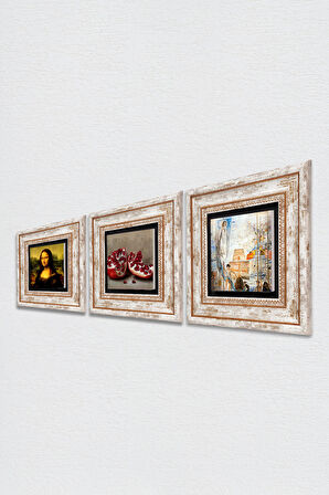 Salvador Dalí, Leonardo da Vinci, Nar Taş Duvar Tablosu Çerçeveli Duvar Dekoru 3 Parça Tablo Seti Wall Art