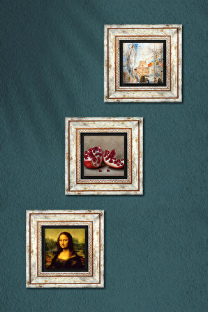 Salvador Dalí, Leonardo da Vinci, Nar Taş Duvar Tablosu Çerçeveli Duvar Dekoru 3 Parça Tablo Seti Wall Art